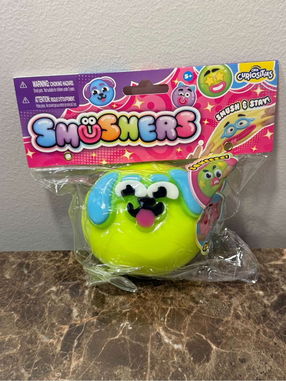 Orb Smushers Neon Yellow-Green Puppy Emoji face. Kid FAVORITE squish!